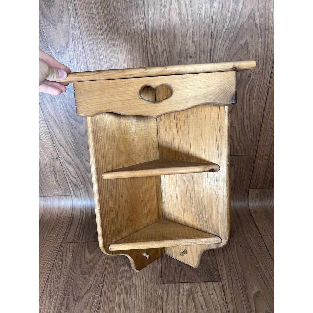 Vintage Handmade Wood Corner Shelf With Heart Cutout, 2 Shelves